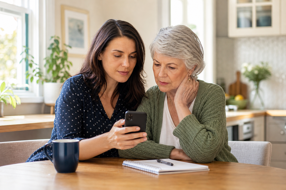 An adult daughter helping an older parent review a suspicious phone message