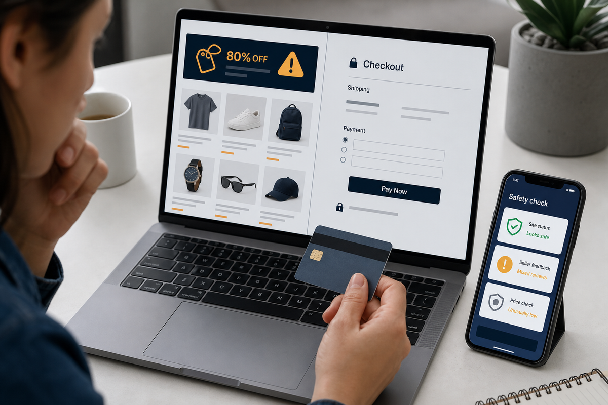 A shopper pausing before entering payment details on a suspicious checkout page